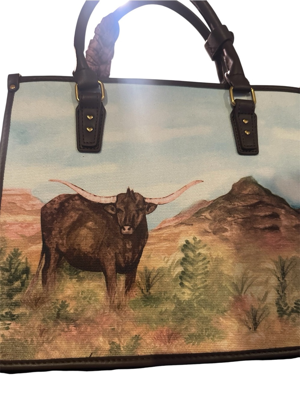 Betsey Johnson Brown and Pink Western Longhorn Print Tote with Scarf - Picture 3 of 6